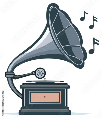 Vintage gramophone playing music with floating musical notes artistic illustration