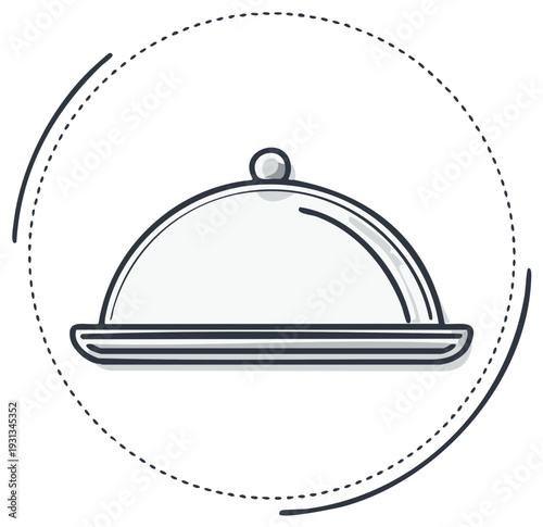 Elegant silver serving dome illustration for catering menus or restaurant websites showcasing food presentation and dining service.