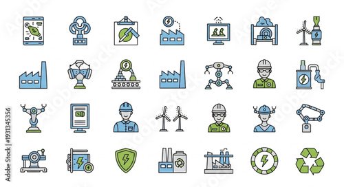 Collection of industrial and technology icons representing manufacturing and energy.