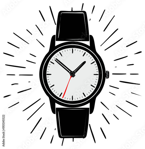 Elegant wrist watch with black leather strap and bright radiant light for timekeeping