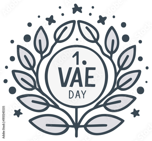 VAE Day Commemorative Emblem: Stylized Foliage Wreath with National Symbolism and Decorative Elements