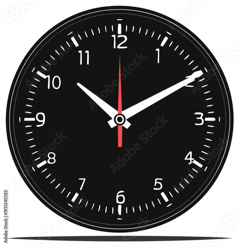 Classic Black Wall Clock with White Numerals and Red Second Hand Illustrating Ten Past Two O'Clock