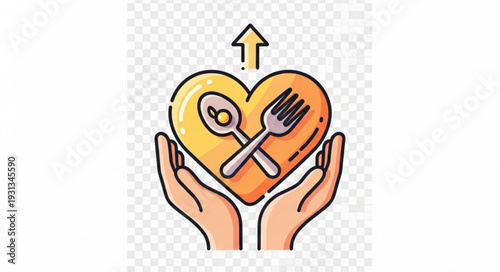 Heart shaped food icon with fork and spoon held by hands.
