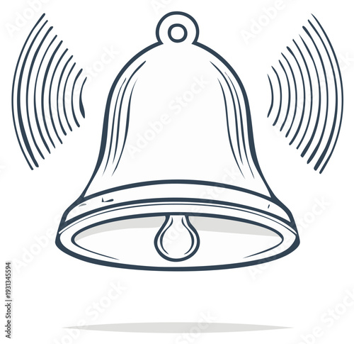 Illustration of ringing bell icon with vibration waves, alert sound sketch vector design, hand drawn call symbol