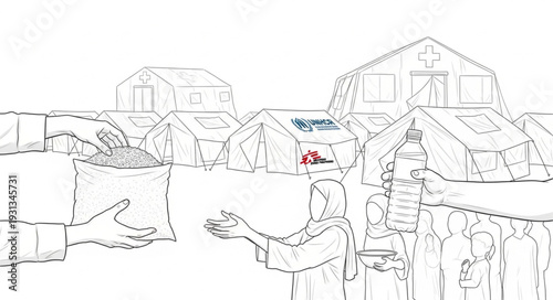 Humanitarian aid distribution in a refugee camp setting.