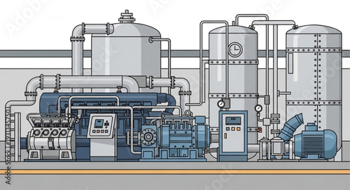 Industrial factory machinery with pipes and tanks illustration.