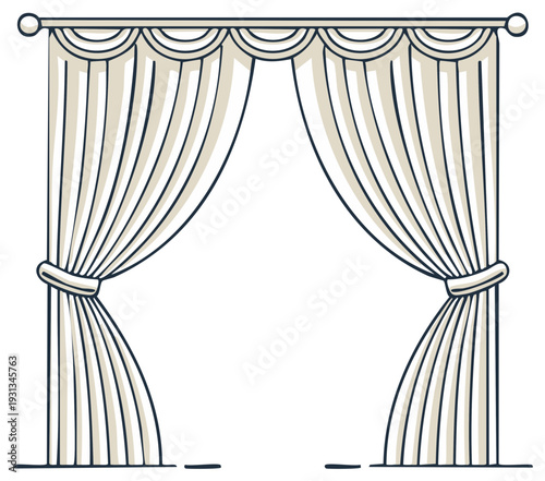 Elegant Draped Curtains With Scalloped Valance and Tie-Backs, Decorative Window Covering
