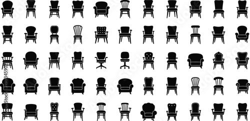 Chair silhouette collection set, black furniture vector illustration of classic, vintage and modern seat designs isolated background