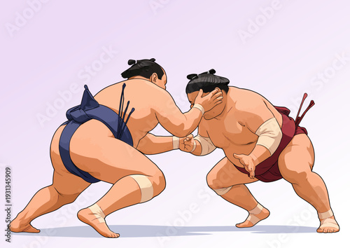 070-26-Two rikishi wrestling in a professional sumo bout, showing strength and determination