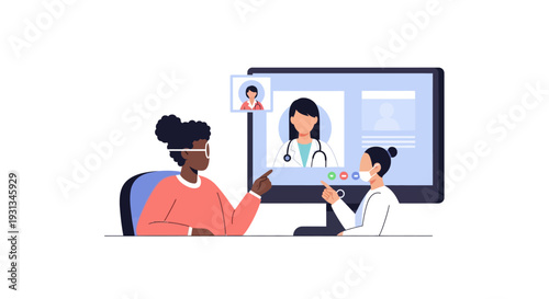 Telemedicine Consultation: Doctor on a video call providing remote healthcare services to diverse patients. Digital medical appointment and virtual diagnosis concept illustration.