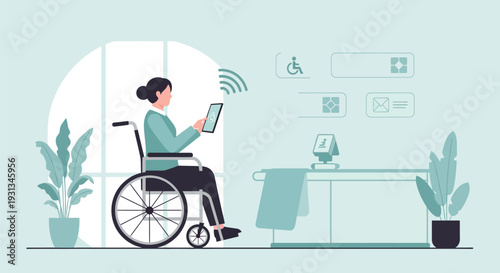 Disabled Woman in Wheelchair Using Tablet for Smart Home Control and Digital Accessibility. Flat Illustration of Assisted Living Technology.