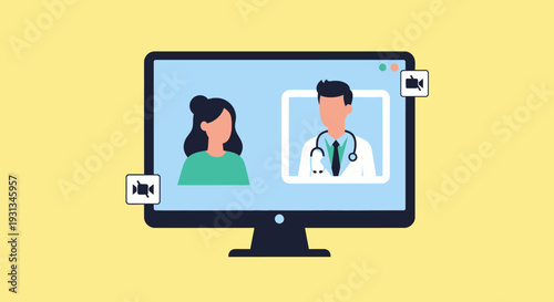 Telehealth Consultation: Doctor and Patient Video Calling on Desktop Screen. Digital Healthcare and Virtual Medical Appointment concept illustration.