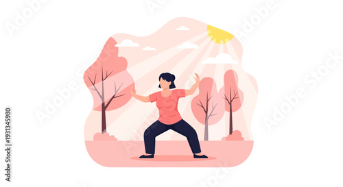 Woman practicing Tai Chi or Qigong outdoors. Flat vector illustration of female character meditating in a tranquil park setting focusing on health and balance.