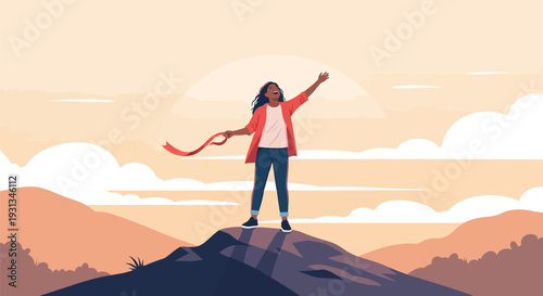 Joyful Woman Celebrating Success and Freedom on Mountain Top at Sunset. Female Hiker Reaching Goal and Triumph.