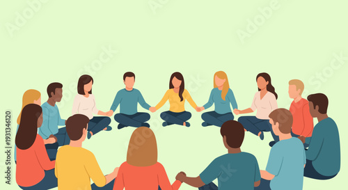 Diverse People Holding Hands in a Circle. Community, Support Group, Teamwork, and Connection Illustration.