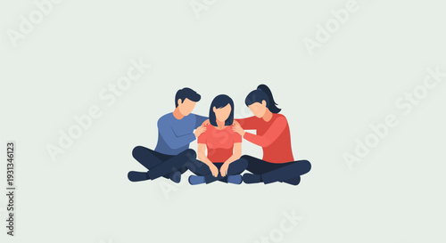 Group emotional support and comfort illustration. Friends sitting together showing empathy, friendship, and care. Mental health counseling vector.