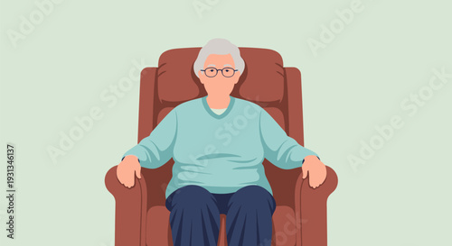 Calm elderly woman in glasses sitting in a comfortable armchair, stylized vector illustration. Senior citizen, retirement, aging, and comfortable living concepts.