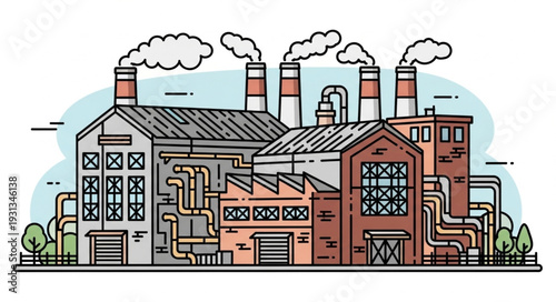 Industrial factory with smoking chimneys and pipes illustration.