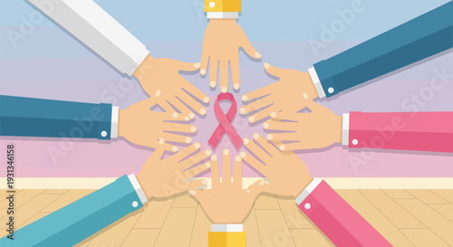 Hands surrounding Pink Ribbon: Breast Cancer Awareness, Solidarity, and Community Support Illustration