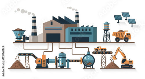 Industrial factory complex with machinery and trucks.