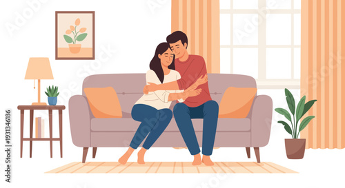 Couple Hugging on Sofa at Home. Vector Illustration of Romantic Partners Enjoying Cozy Intimacy in a Modern Living Room.