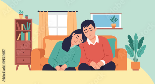 Intimate young couple relaxing on sofa at home. Woman leaning head on man's shoulder in cozy living room. Flat vector illustration of comfort and love.