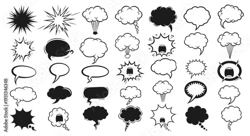 comic speech bubbles and thought clouds vector set with explosion bursts ideal for expressive graphic design elements