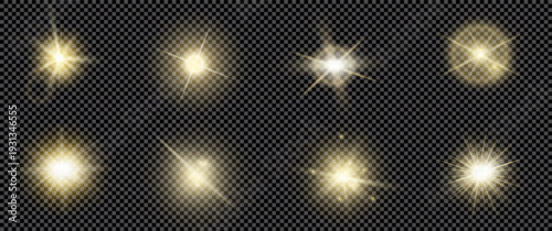 Realistic shine and glow effects pack isolated on dark transparent background. Sparkles and explosion effects. Stars and light beams. Sun light effects isolated. Vector illustration