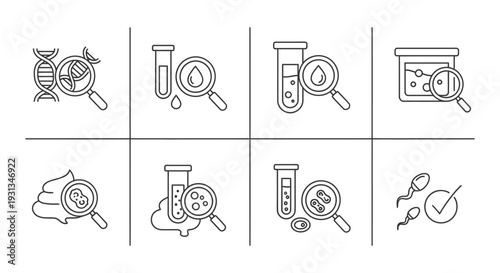 detailed medical laboratory test line icons illustrating dna blood urine stool and sperm sample analysis for diagnostic visuals