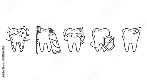 dental hygiene process illustration depicting tooth care from dirty to clean and protected perfect for oral health education.