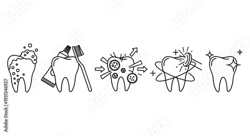 dental hygiene line icons illustrating the comprehensive process of tooth care and protection for healthy sparkling teeth.