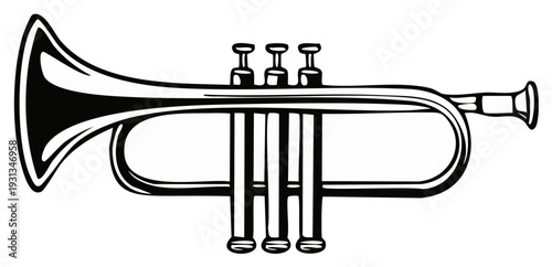 Detailed Trumpet Musical Instrument Illustration, Brass Sound Device, Wind Performance Equipment, Classical Music Artwork, Monochrome