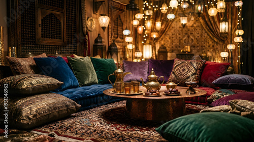 Traditional Arabic Majlis Seating with Lanterns and Tea Set for Ramadan and Eid Celebrations, Middle Eastern Luxury Interior Design