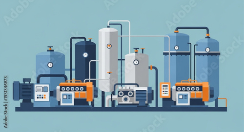 Industrial water purification plant with pumps and tanks.