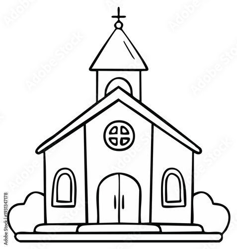 Simple outline drawing of a church building with a cross on the steeple and arched windows