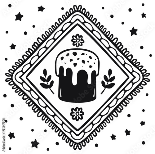 Easter cake illustration in square decorative frame with floral and star elements