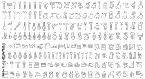 diverse collection of hand tools and power equipment line art icons representing construction maintenance and diy projects