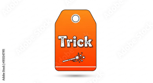 Halloween trick tag with magic wand and sparkles on orange background