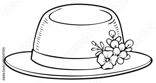 Stylish Women's Hat with Floral Decoration Line Art Fashion Accessory Design Element Elegant Headdress Accessory Clothing