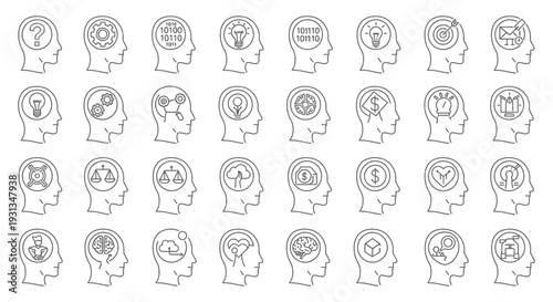 diverse human head silhouettes with icons representing mental states business concepts and innovative thought processes