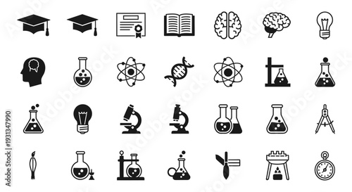 diverse science and education icons set illustrating concepts of knowledge discovery and academic research for learning materials