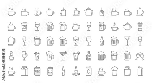 drink icons collection illustrating a wide beverage variety from hot coffee to cold beer perfect for menu design or restaurant apps.