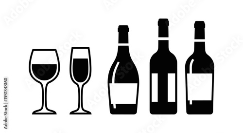 drinks icons elegant vector set of wine glasses and bottles perfect for menus labels or beverage design.