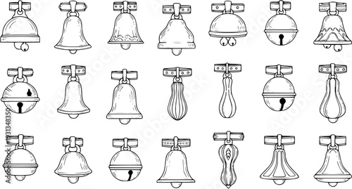 Set of Jingle Bells: Various Cartoon Bells with Bows, Outline Style