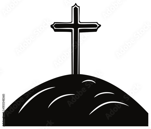 Silhouette of a Cross atop a Hillside against White Background Religious Symbol