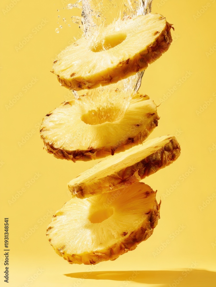 Obraz premium Pineapple Slices Falling in Water: Fresh Fruit Concept with Vibrant Yellow Background for Refreshment and Tropical Themes