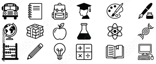  Set of  Education and Learning web icons in line style. School, university, textbook, learning. Vector illustration. 