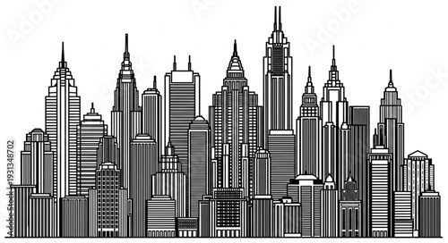 Modern City Skyline Silhouette Black and White Illustration.