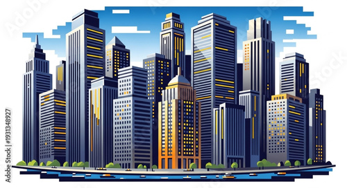 Modern Cityscape with Tall Skyscrapers and Blue Sky.