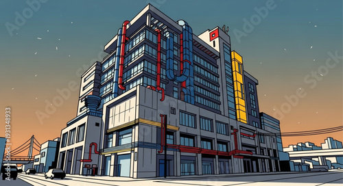 Modern commercial building with bright signage and windows.